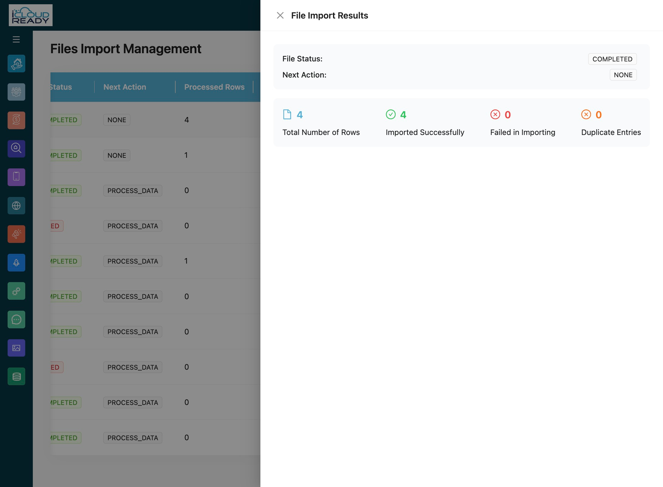 Click the results summary to view detailed import status