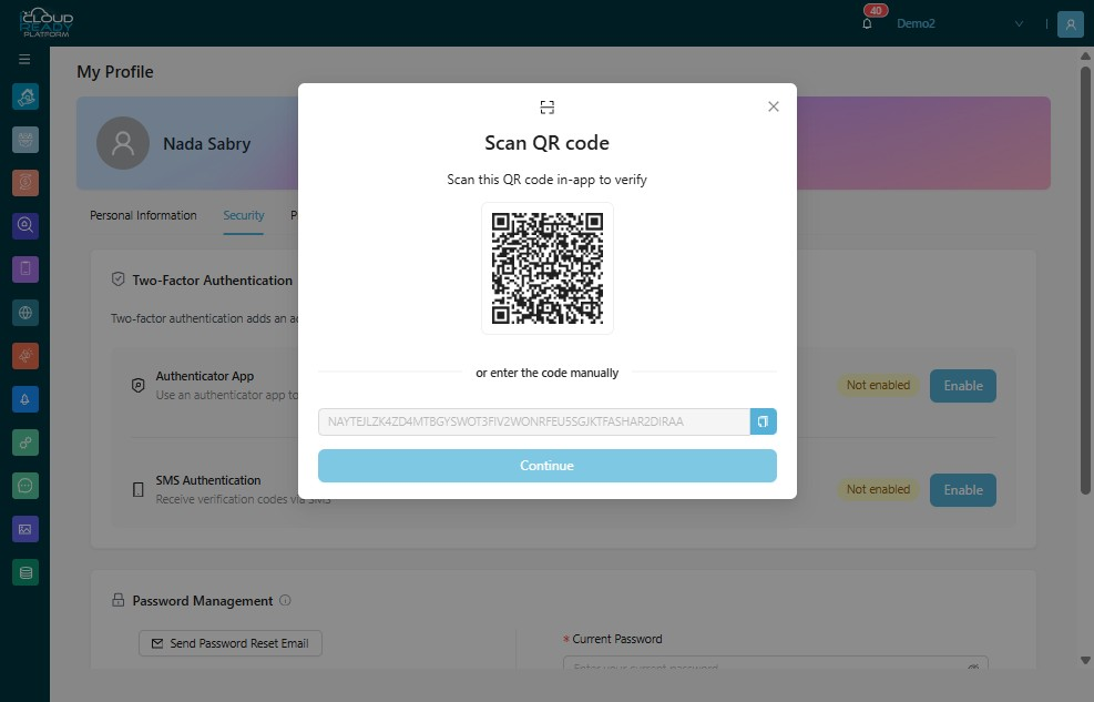Scan QR Code from you mobile, then click "Continue"